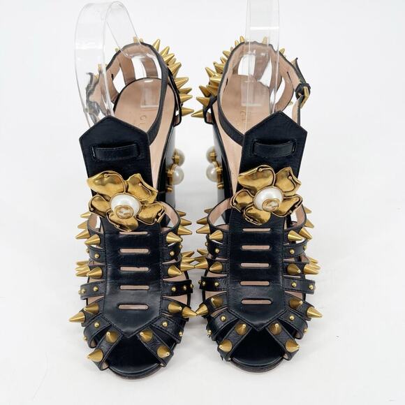 Gucci Black Leather Kendall Studded Pearl Embellished Cage Block Heels EU 39 - Picture 9 of 16